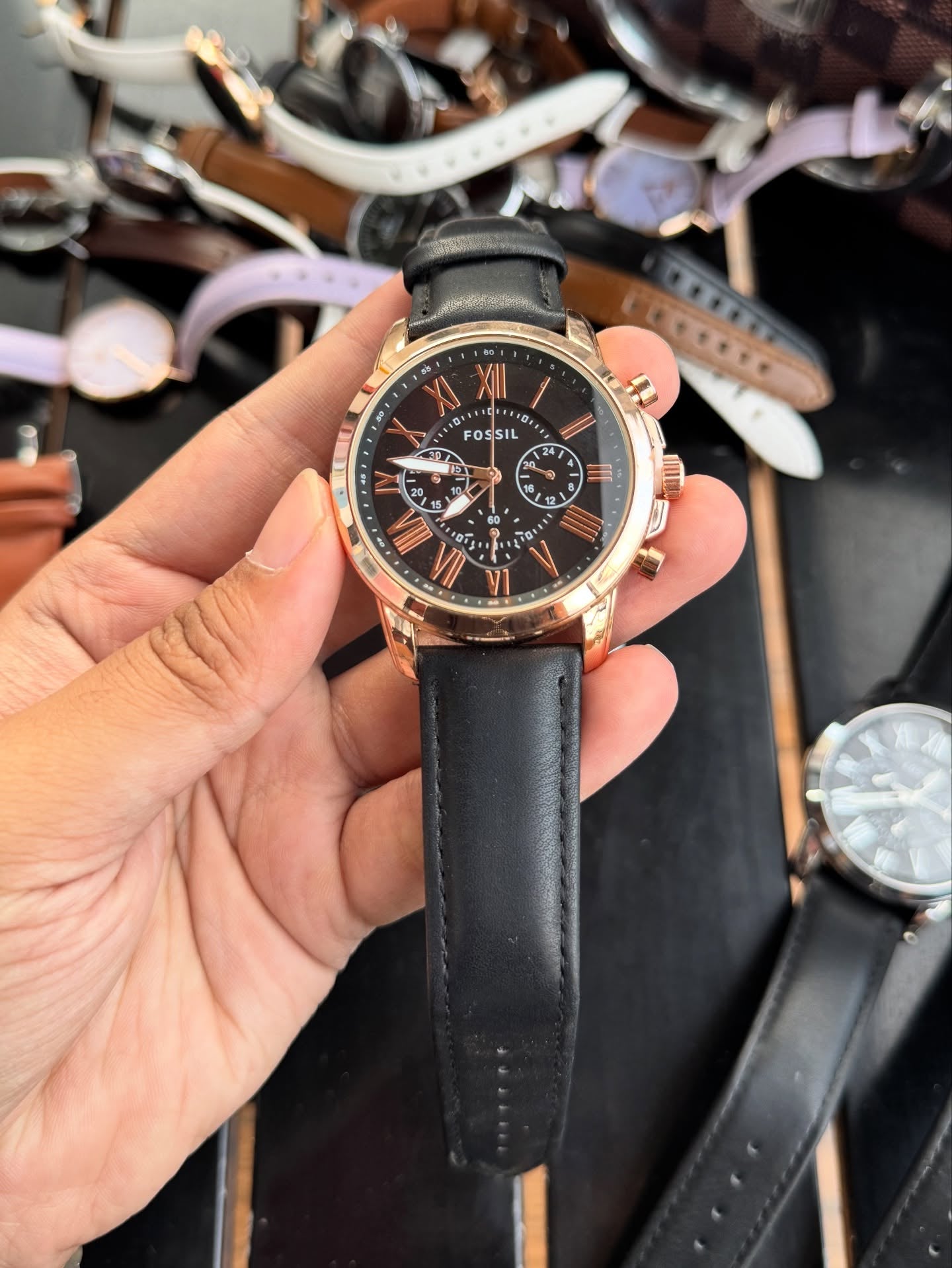 Fossil Grant Leather Belt Black Copper Watch