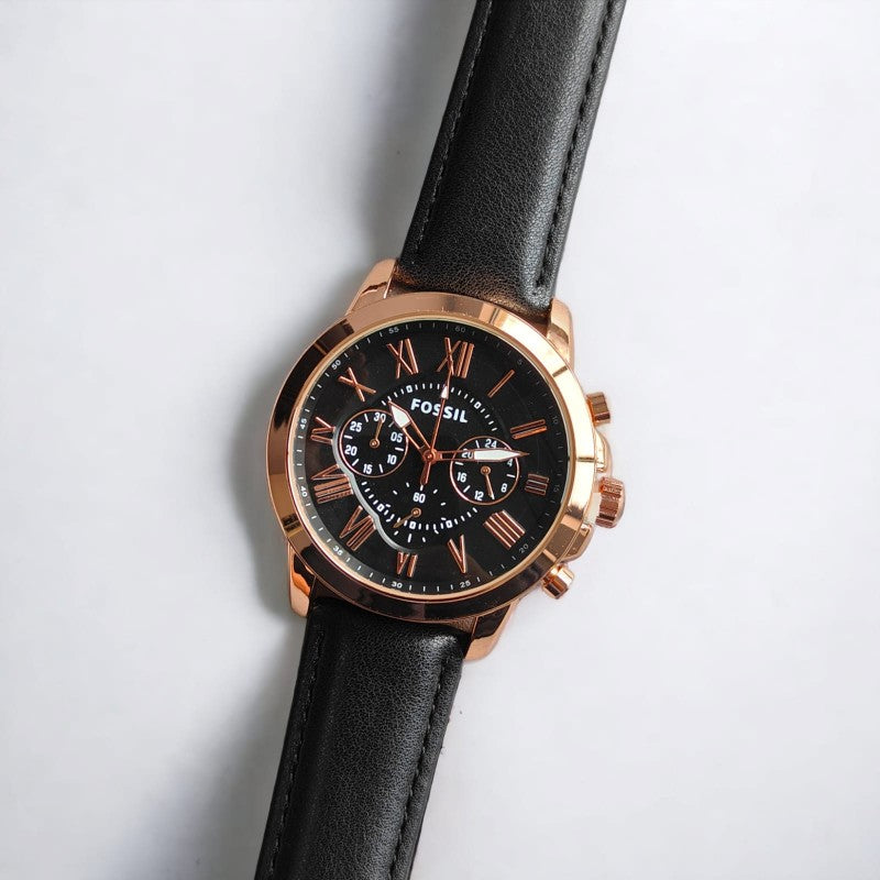 Fossil Grant Leather Belt Black Copper Watch