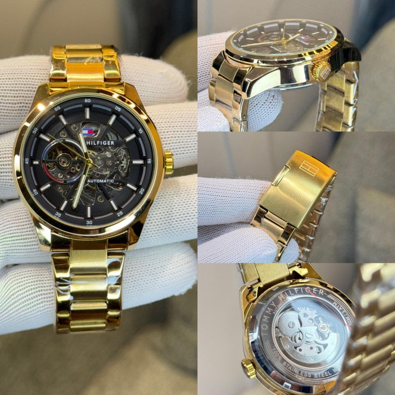 Tommy Hilfiger Automatic Watch – Stainless Steel Full Automatic Self Winding Machine Gold Watch with Black Dial