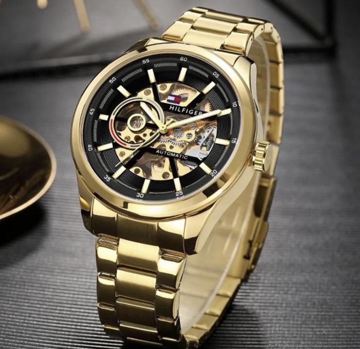 Tommy Hilfiger Automatic Watch – Stainless Steel Full Automatic Self Winding Machine Gold Watch with Black Dial