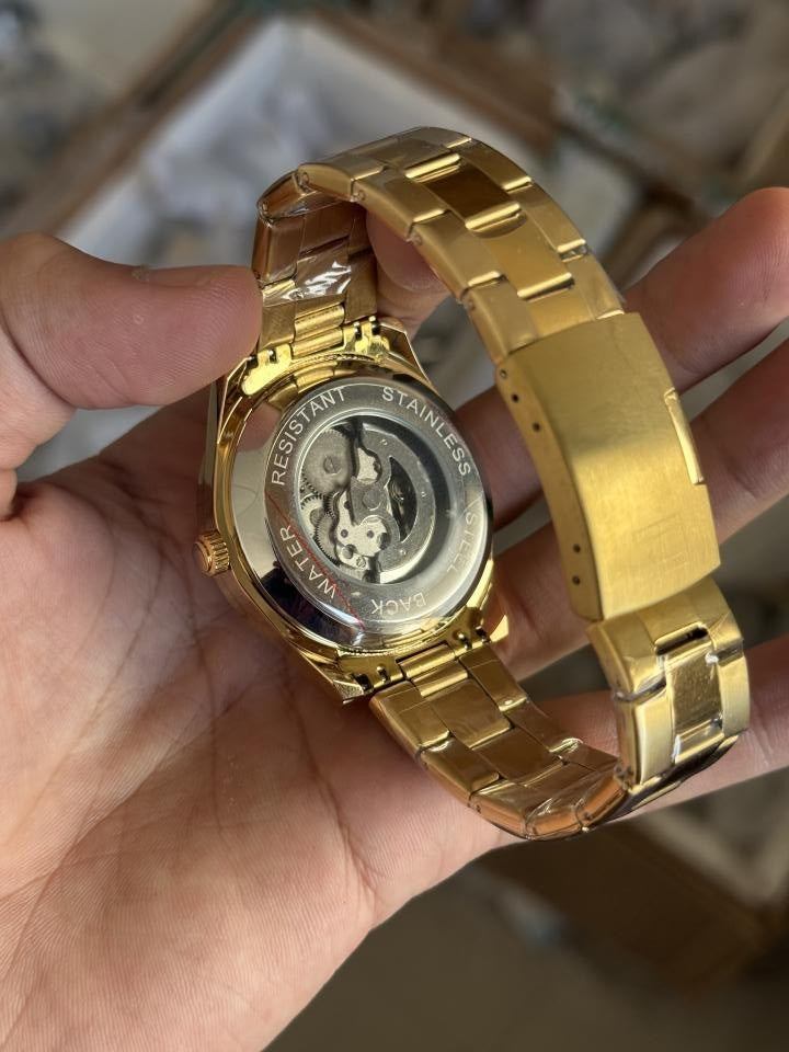 Tommy Hilfiger Automatic Watch – Stainless Steel Full Automatic Self Winding Machine Gold Watch with Black Dial