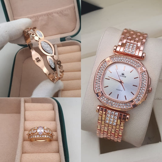 3pc combo high quality igp polish watch with Korean openbal kada n adjustable american diamond adjustable ring