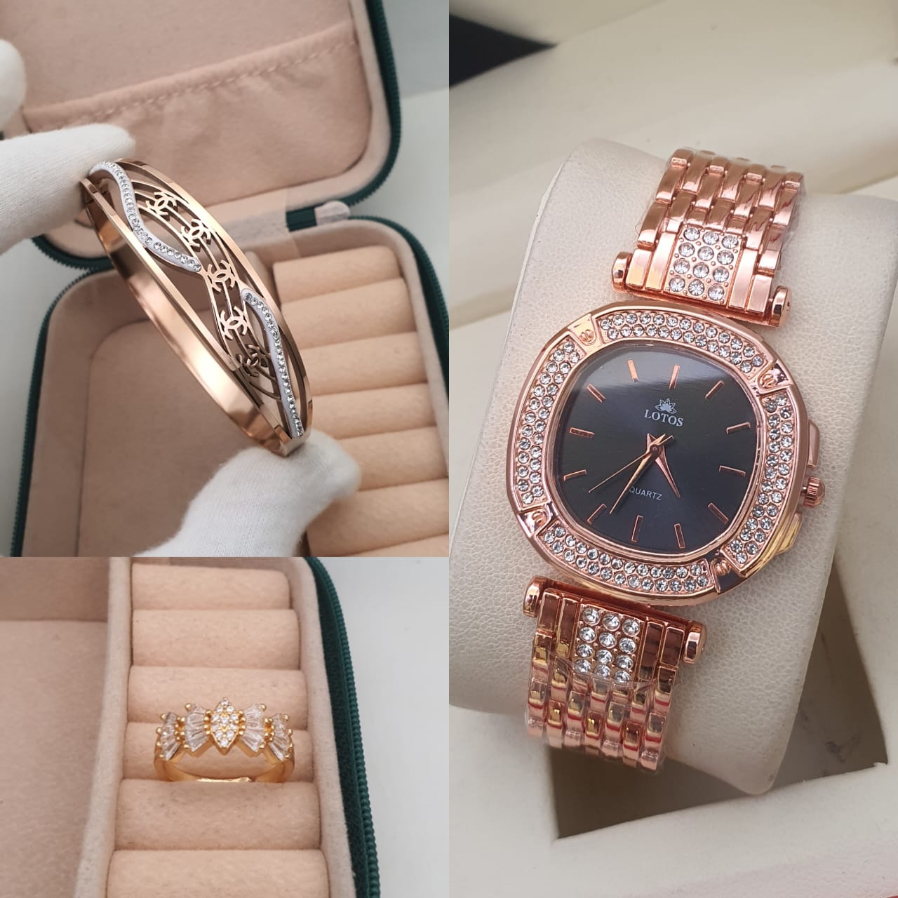 3pc combo high quality igp polish watch with Korean openbal kada n adjustable american diamond adjustable ring