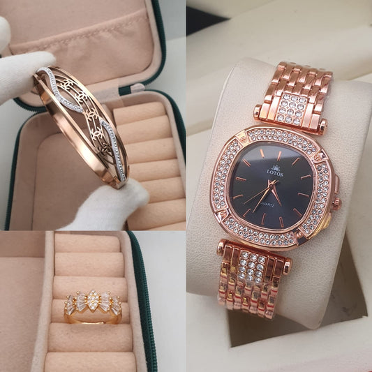 3pc combo high quality igp polish watch with Korean openbal kada n adjustable american diamond adjustable ring