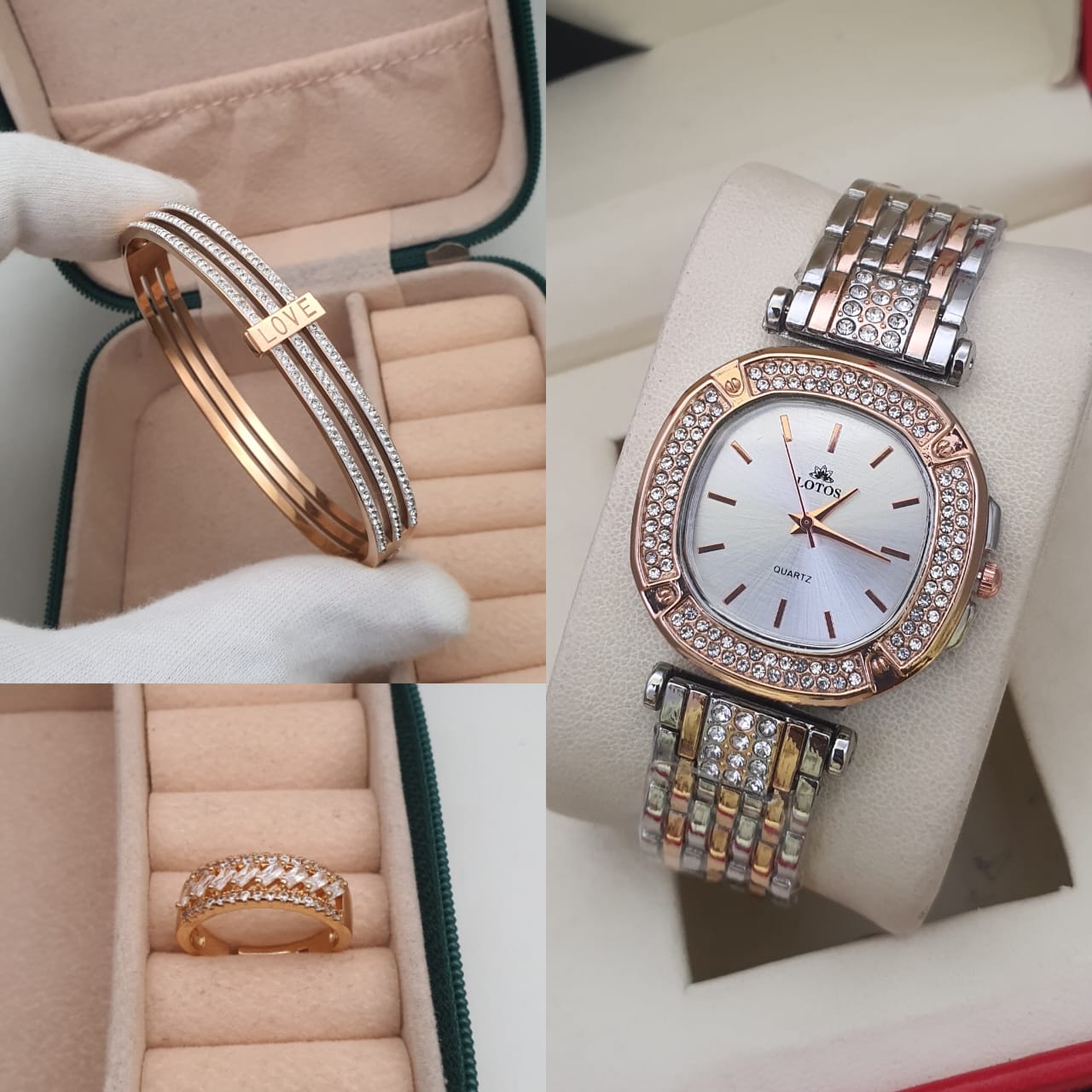3pc combo high quality igp polish watch with Korean openbal kada n adjustable american diamond adjustable ring