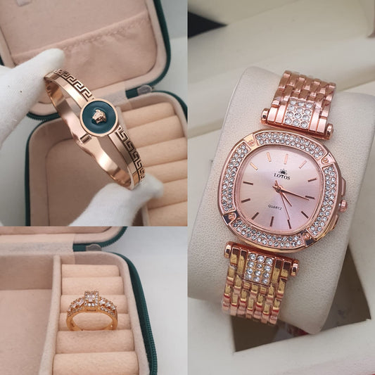 3pc combo high quality igp polish watch with Korean openbal kada n adjustable american diamond adjustable ring