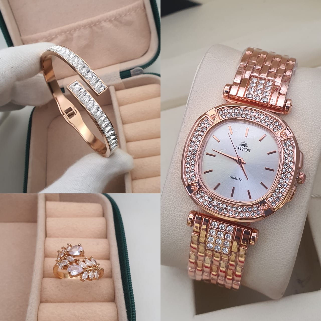 3pc combo high quality igp polish watch with Korean openbal kada n adjustable american diamond adjustable ring