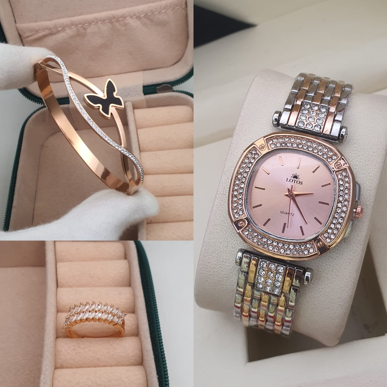 3pc combo high quality igp polish watch with Korean openbal kada n adjustable american diamond adjustable ring