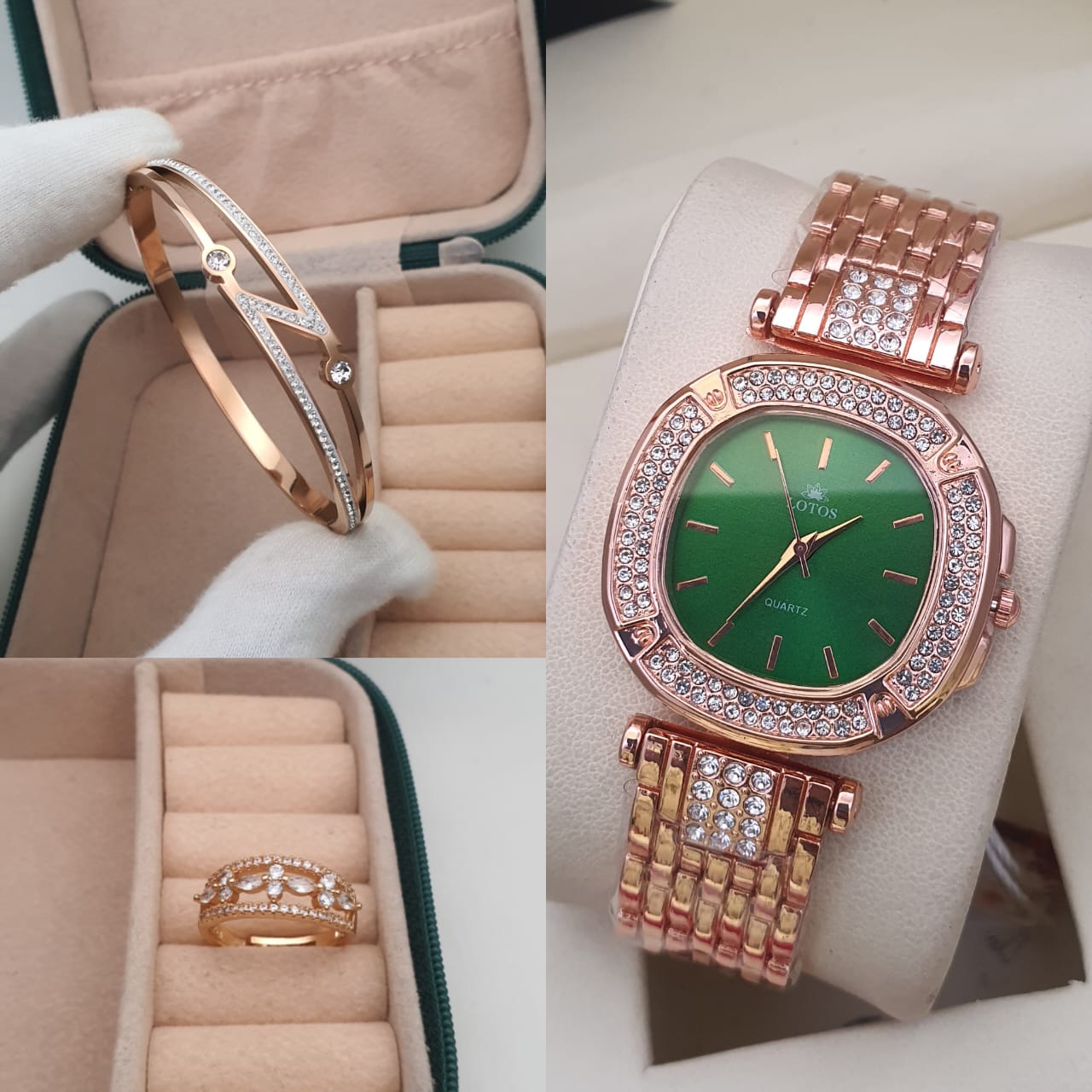 3pc combo high quality igp polish watch with Korean openbal kada n adjustable american diamond adjustable ring