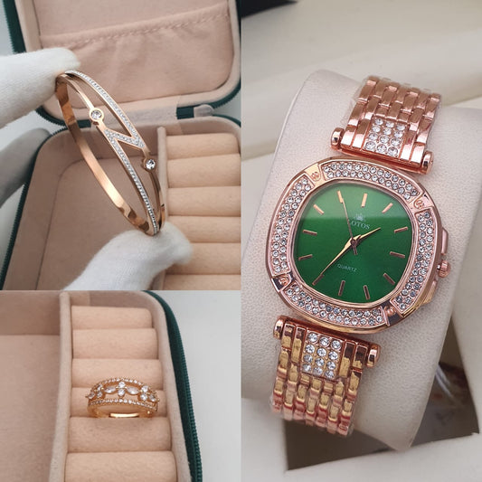 3pc combo high quality igp polish watch with Korean openbal kada n adjustable american diamond adjustable ring