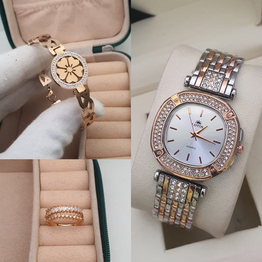3pc combo high quality igp polish watch with Korean openbal kada n adjustable american diamond adjustable ring