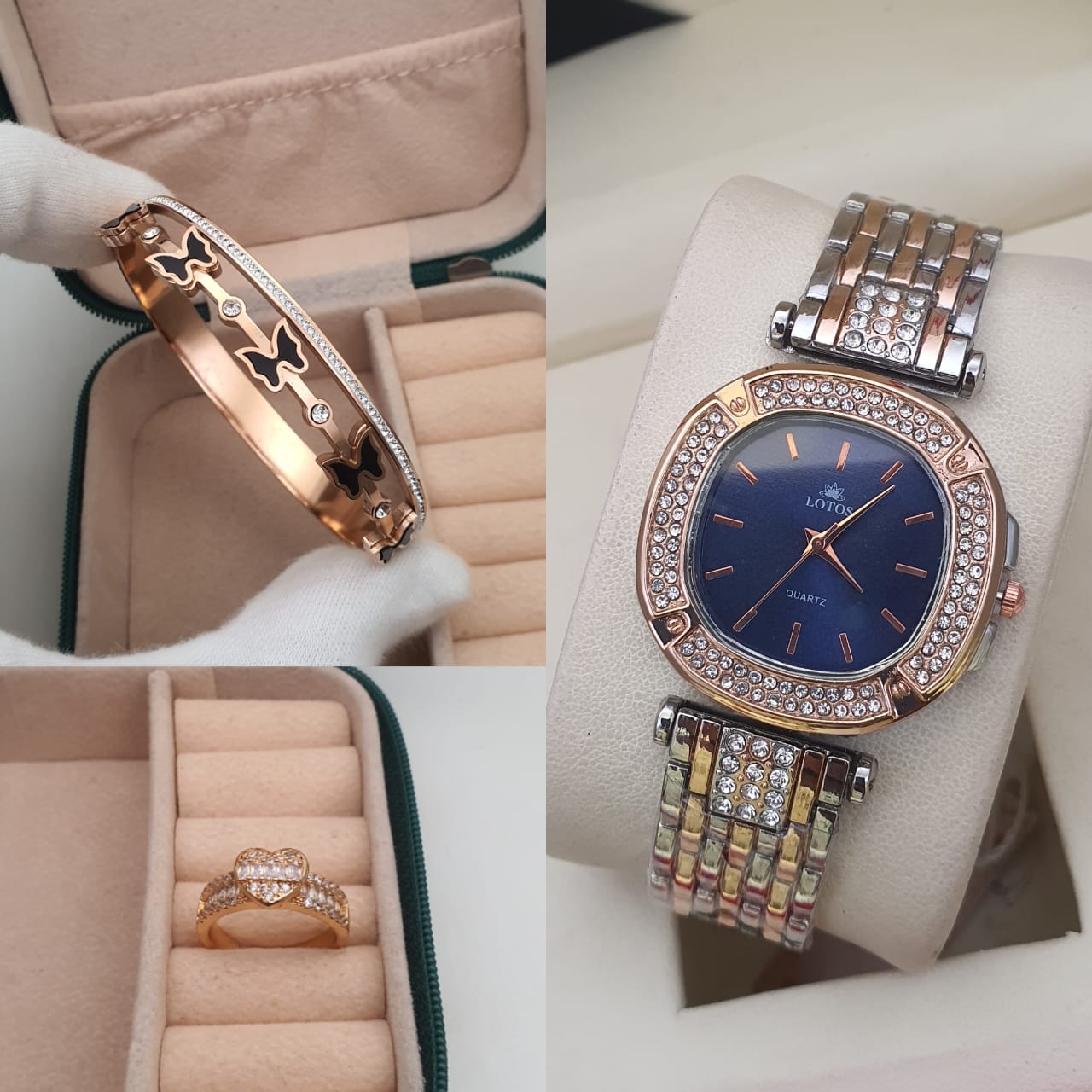 3pc combo high quality igp polish watch with Korean openbal kada n adjustable american diamond adjustable ring