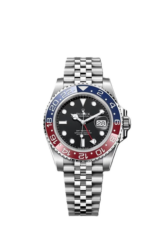 GMT-Master II red and blue Cerachrom bezel black dial and a Jubilee bracelet.