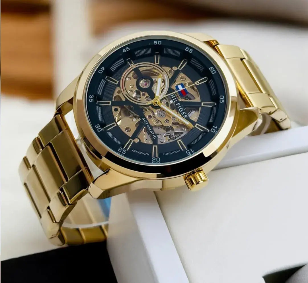 Tommy Hilfiger Automatic Watch – Stainless Steel Full Automatic Self Winding Machine Gold Watch with Black Dial